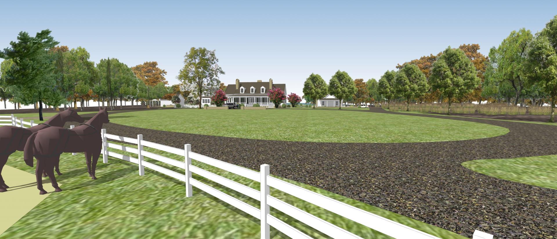 Rendering of potential home at Homestead development including large white home in the distance, large circular driveway and horses behind a fence