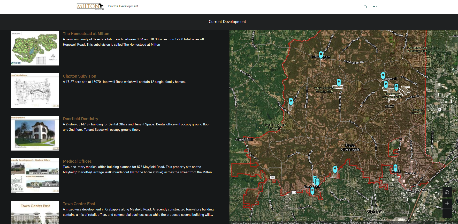 Screenshot of Private Development web page, with map of Milton on the right and list of active developments on the left with photos of each development