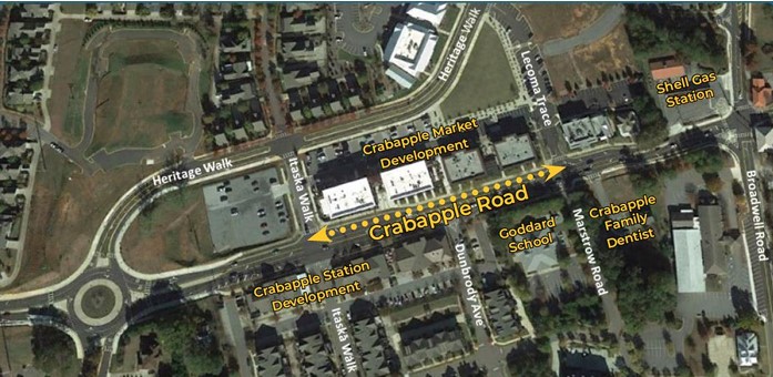 Overhead Crabapple Road map with roads named